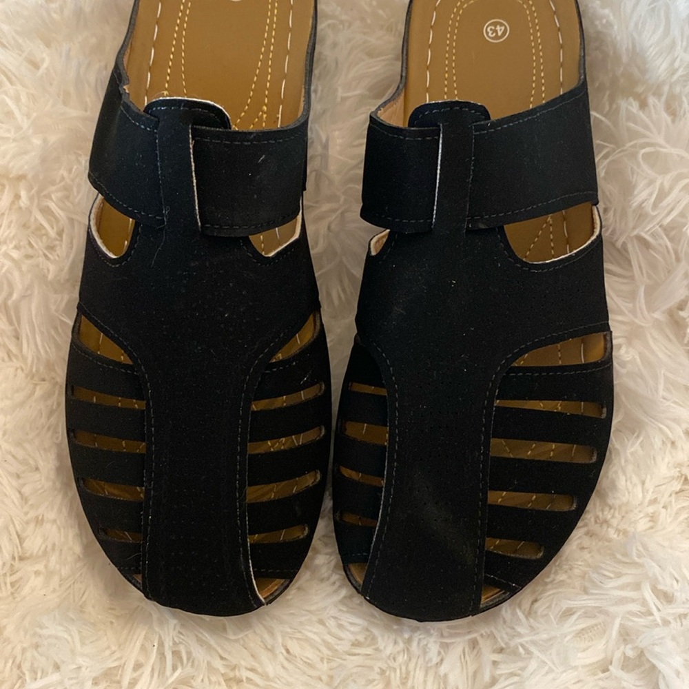 Never worn soft black slip in shoes with wedge heel